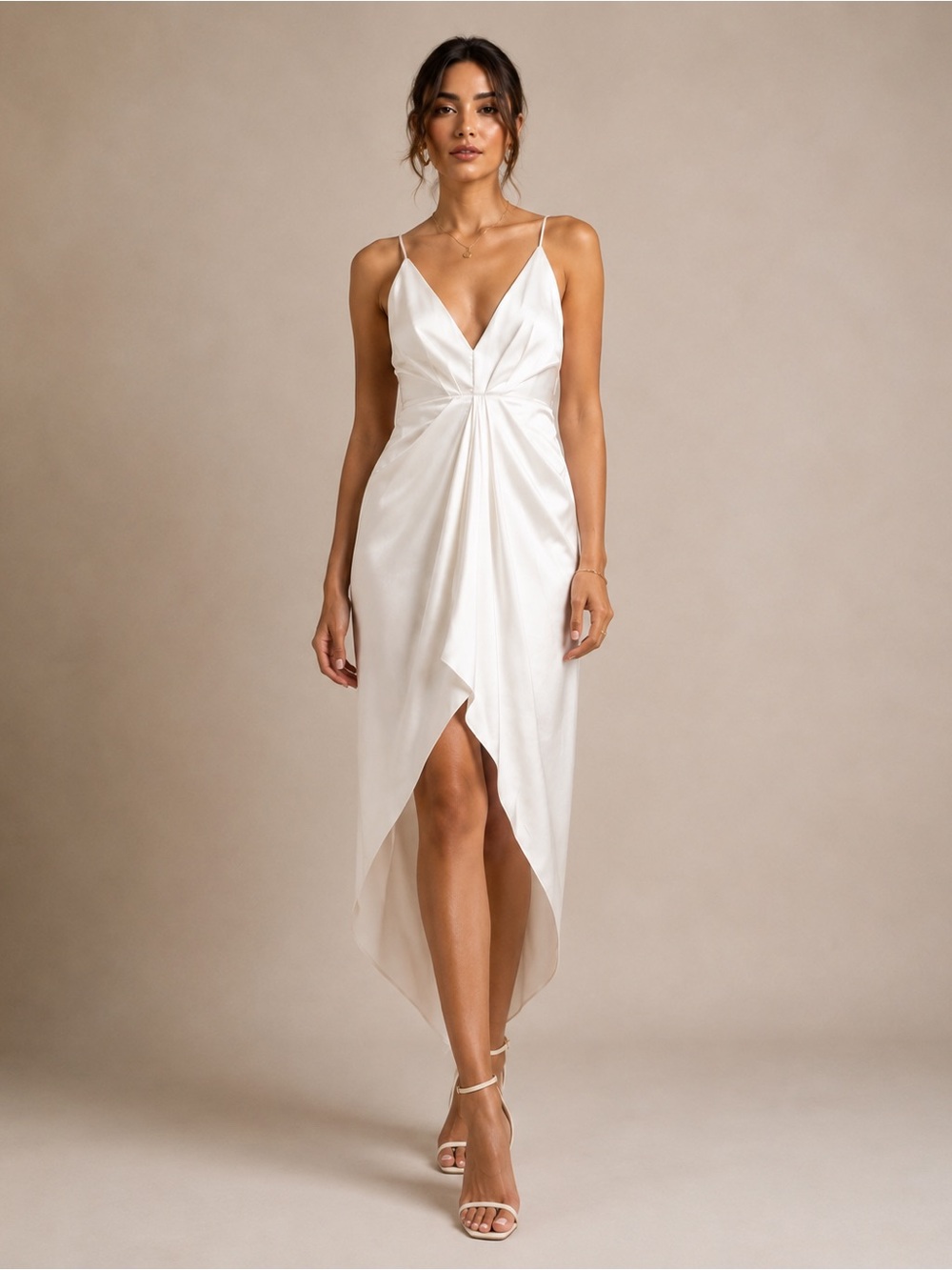 Lulu's Ivory Satin V-Neck High-Low Slip Dress